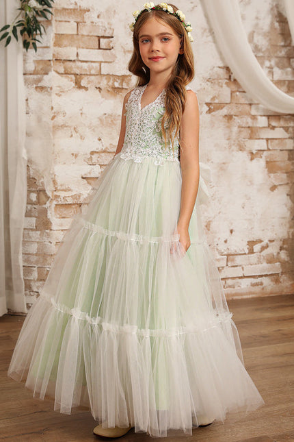 Robe Pastel Verte Col V Dentelle Enfant - gallery 8