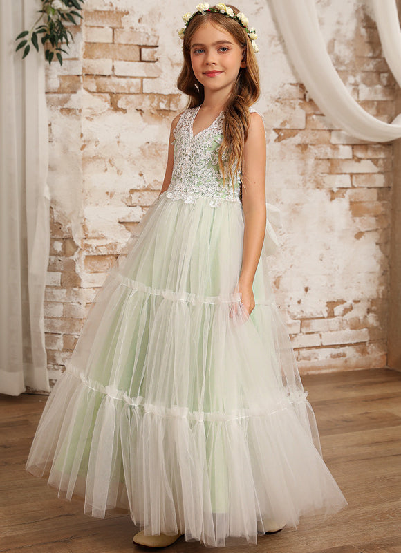 Robe Pastel Verte Col V Dentelle Enfant - gallery 8