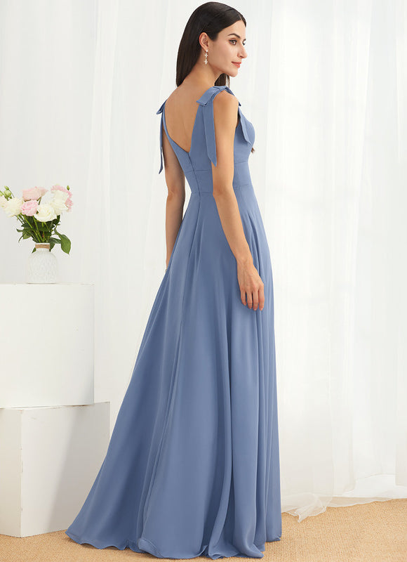Robe Pastel Bleu Trapèze Longue Mousseline - gallery 3
