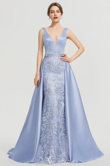 Robe Pastel Bleu Col V Traîne Dentelle - gallery 1