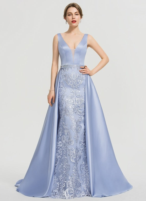 Robe Pastel Bleu Col V Traîne Dentelle - gallery 1