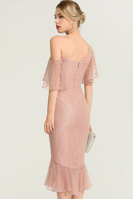 Robe Pastel Rose Décolleté Asymétrique Dentelle - gallery 2