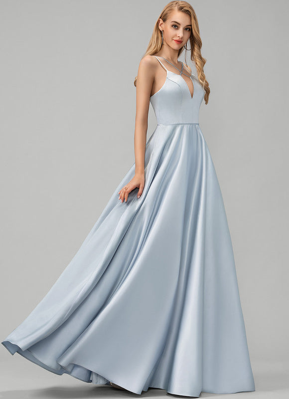 Robe Pastel Bleue Satin Trapèze Col V - gallery 3