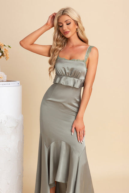 Robe Pastel Vert Satin Asymétrique Maxi - gallery 5