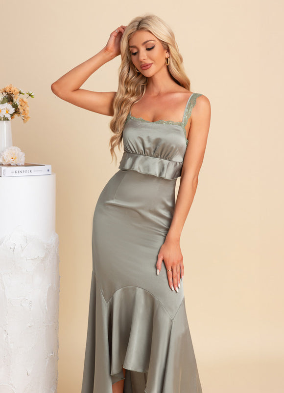Robe Pastel Vert Satin Asymétrique Maxi - gallery 5