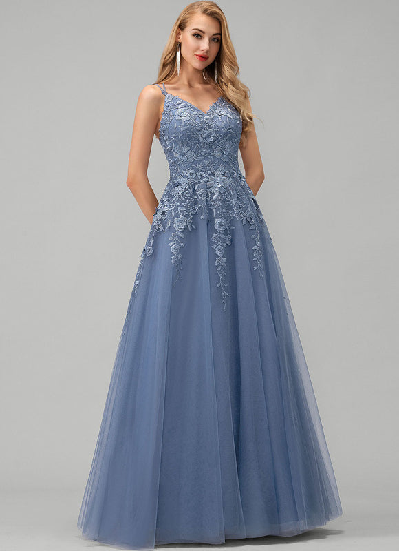 Robe Pastel Bleu Col V Tulle Longue - gallery 2