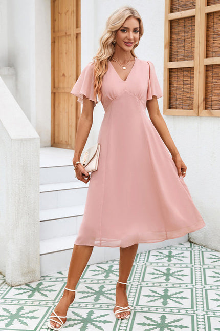 Robe Pastel Rose Col V Mousseline Midi - gallery 4