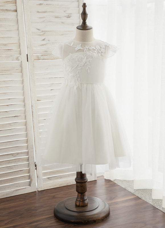 Robe Pastel Crème Dentelle Col Rond Genoux - gallery 6