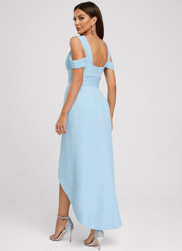 Robe Pastel Bleu Décolleté Asymétrique Volants - gallery 3