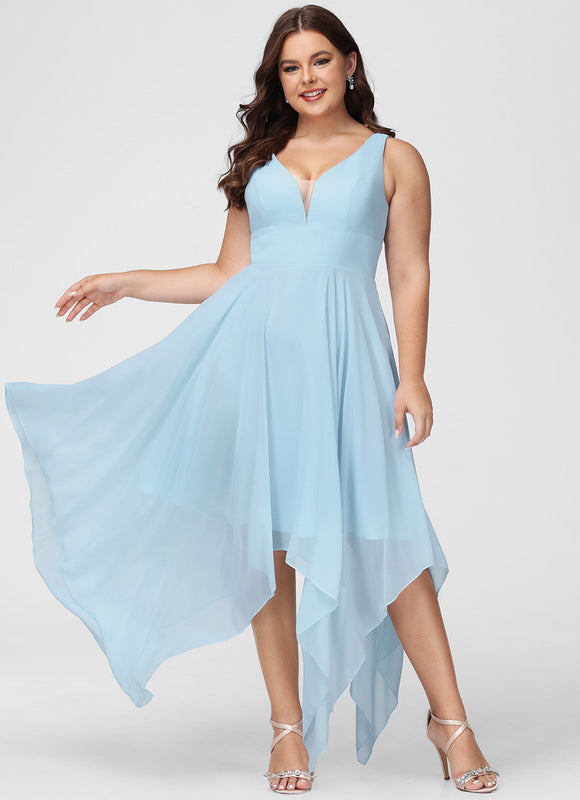 Robe Pastel Bleu Asymétrique Col V Volants - gallery 5