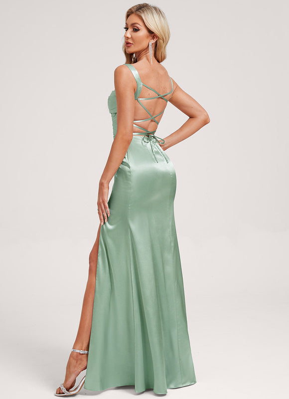 Robe Pastel Vert Satin Longueur Ras Du Sol - gallery 5