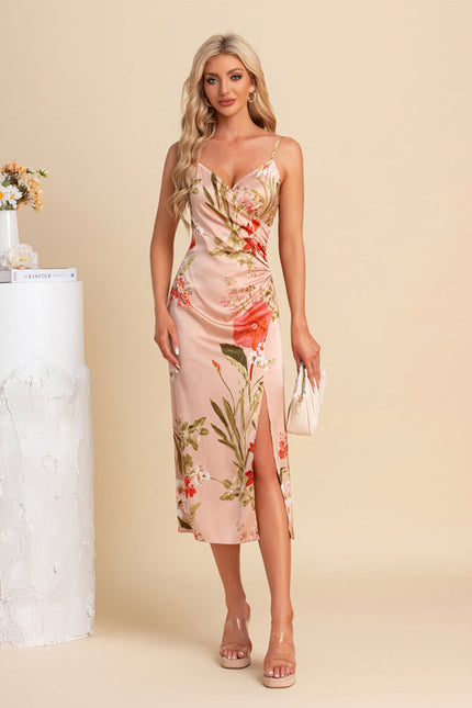 Robe Pastel Rose Fleurie Col V Midi