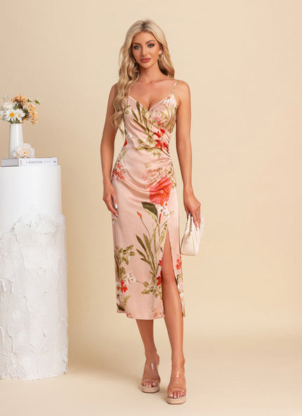 Robe Pastel Rose Fleurie Col V Midi
