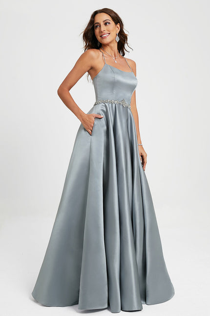 Robe Pastel Gris Satin Strass Longueur Sol - gallery 3