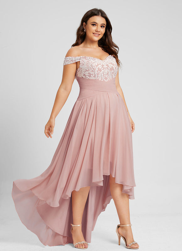 Robe Pastel Rose Asymétrique Dentelle Élégante - gallery 8