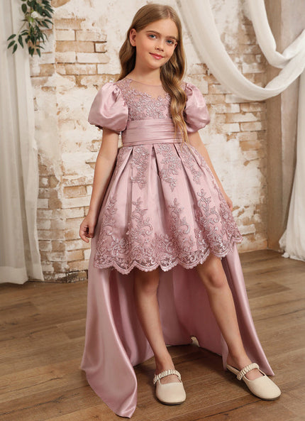 Robe Pastel Rose Satin Dentelle Fille Mariage