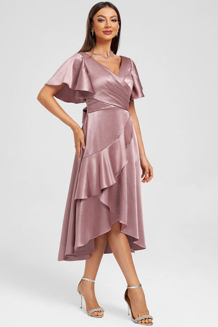 Robe Pastel Rose Satinée À Volants - gallery 1