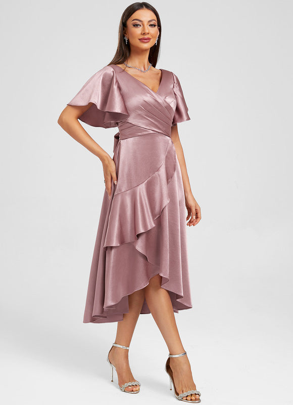 Robe Pastel Rose Satinée À Volants - gallery 1