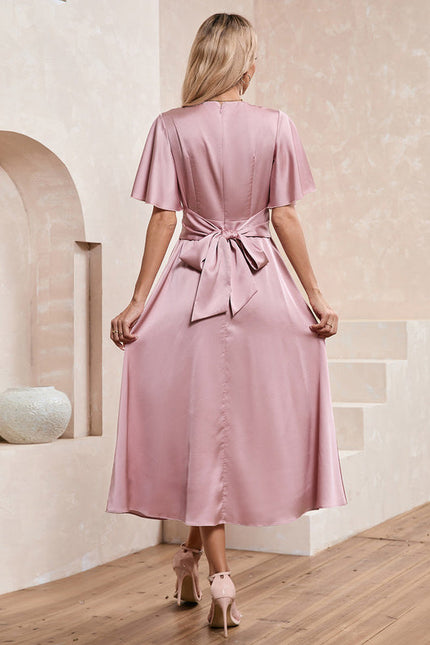 Robe Pastel Rose Satin Col V Midi - gallery 5
