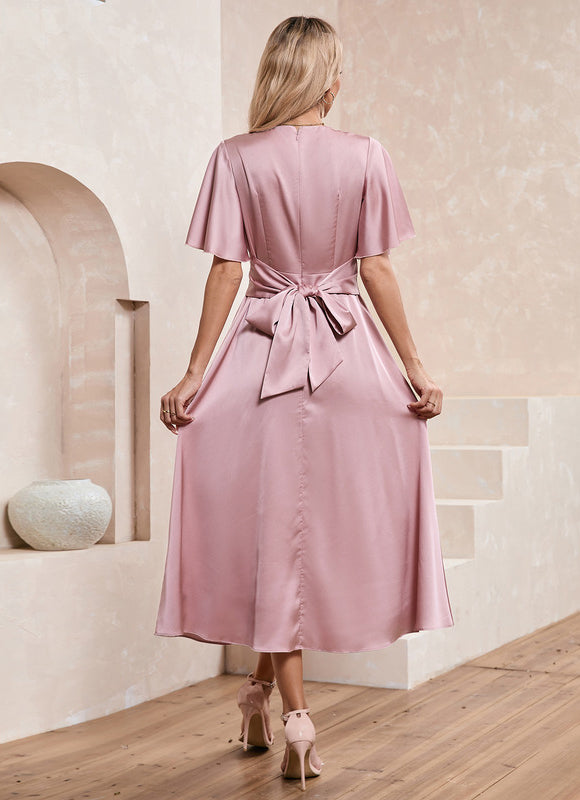 Robe Pastel Rose Satin Col V Midi - gallery 5
