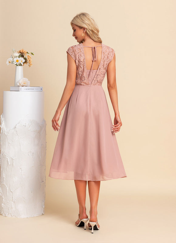 Robe Pastel Blush Dentelle Mousseline Midi - gallery 1