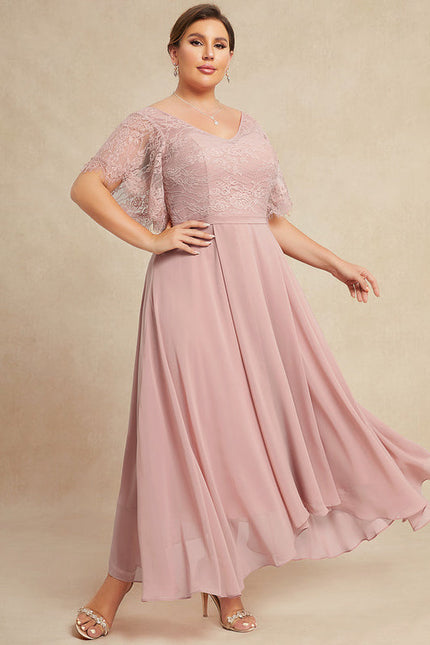 Robe Pastel Rose Col V Dentelle Élégante - gallery 9