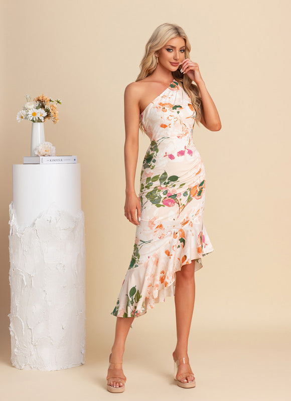 Robe Pastel Fleurie Décolleté Asymétrique Crème - gallery 4