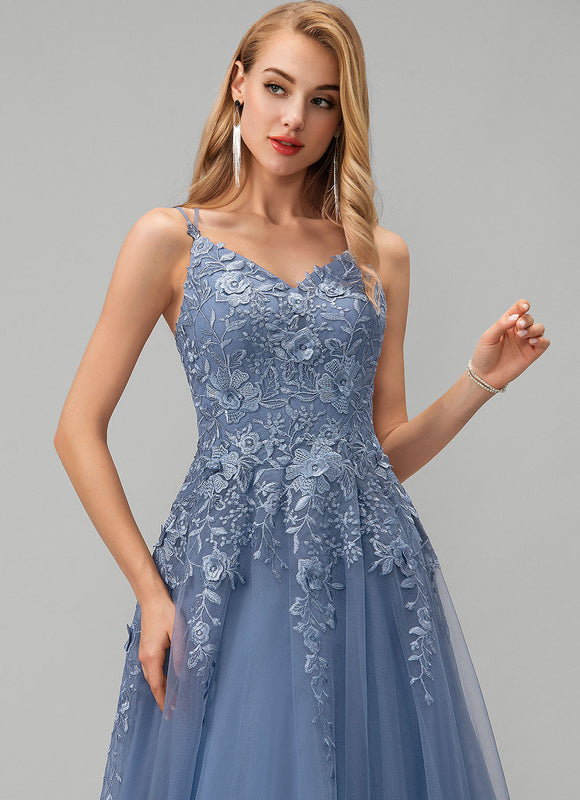 Robe Pastel Bleu Col V Tulle Longue
