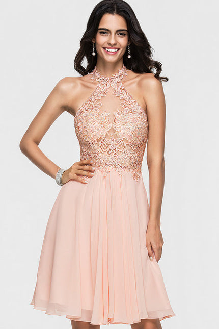 Robe Pastel Rose Trapèze Mousseline Perles - gallery 1