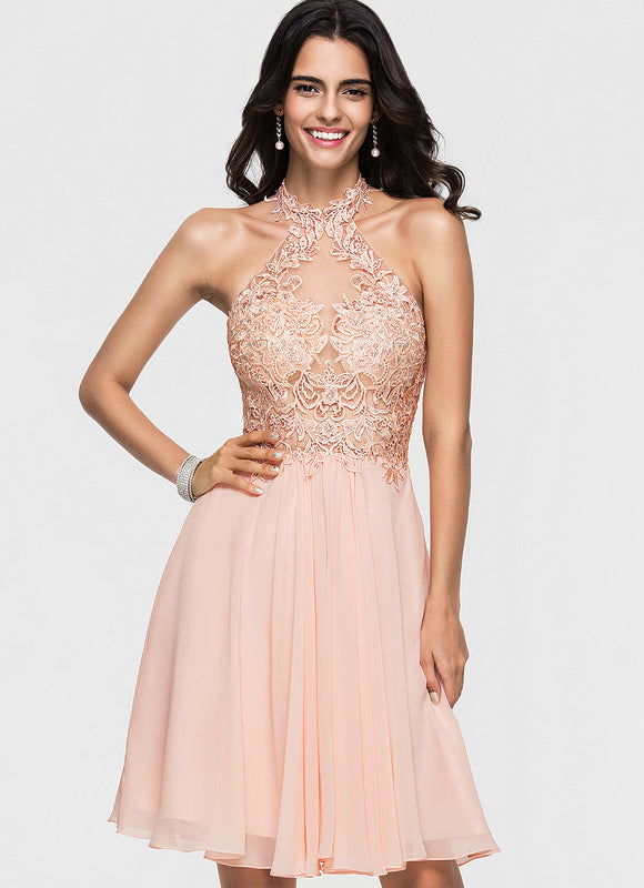 Robe Pastel Rose Trapèze Mousseline Perles - gallery 1
