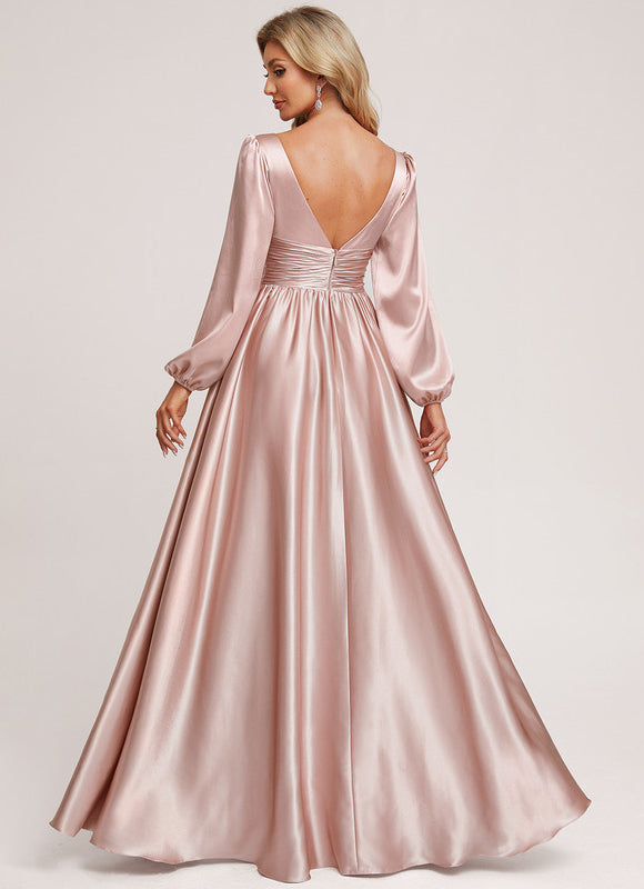Robe Pastel Rose Satin Longueur Ras Du Sol - gallery 2