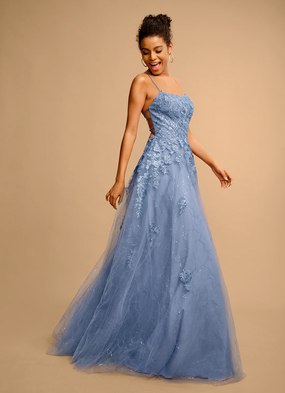 Robe Pastel Bleu Col Carré Tulle Paillettes - gallery 3