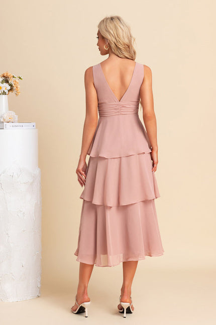 Robe Pastel Rose Col V Trapèze Midi - gallery 2