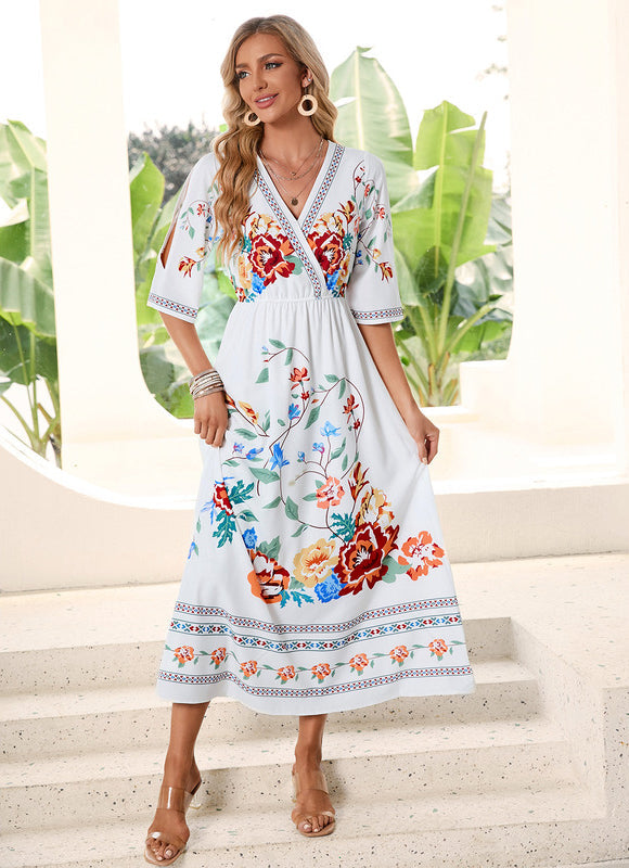 Robe Pastel Blanche Imprimée Fleurs Midi - gallery 5