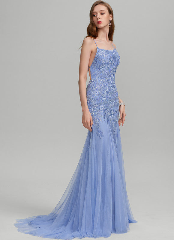 Robe Pastel Bleu Sirène Traîne Dentelle - gallery 3