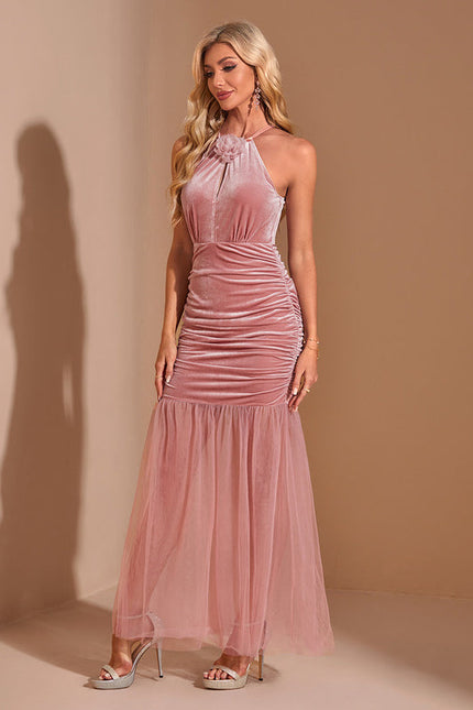 Robe Pastel Rose Plissée Sirène Velours - gallery 6