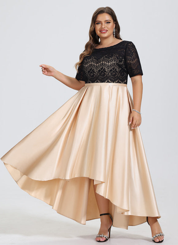 Robe Pastel Beige Trapèze Satin Dentelle - gallery 5