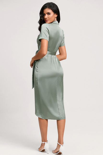 Robe Pastel Vert Col V Satin - gallery 2