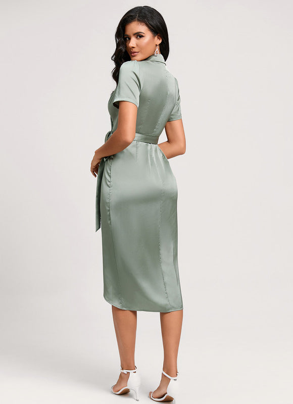 Robe Pastel Vert Col V Satin - gallery 2