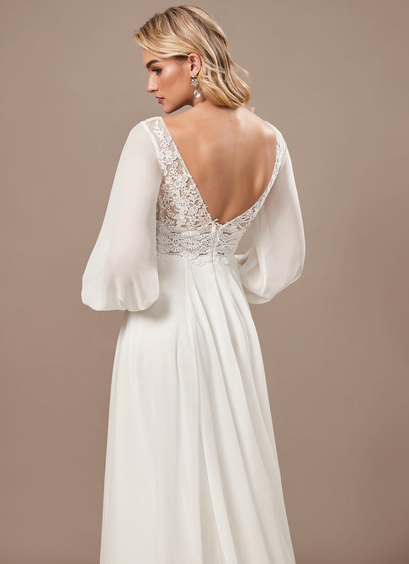 Robe Pastel Blanche Col V Traîne Dentelle - gallery 4