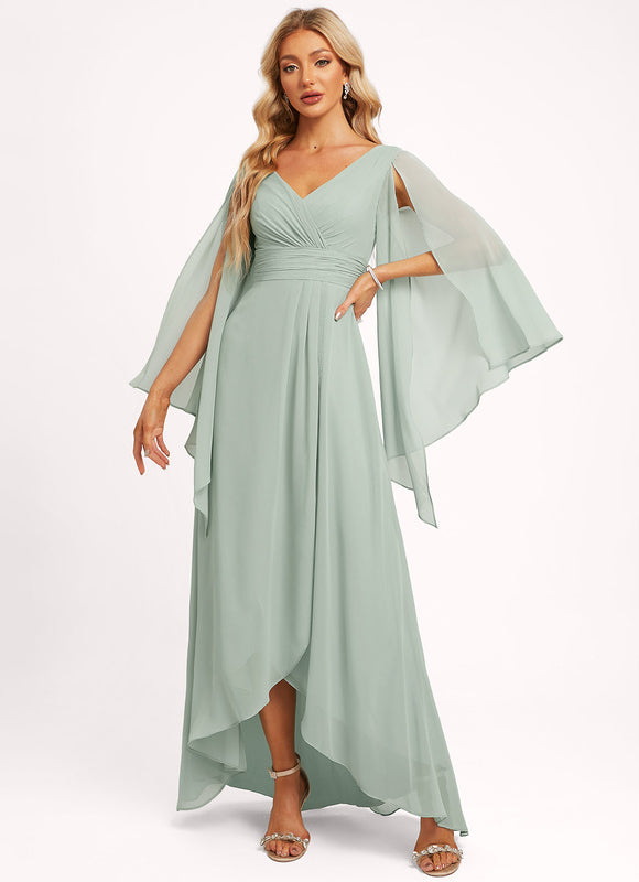 Robe Pastel Bleu Asymétrique Col V Volants
