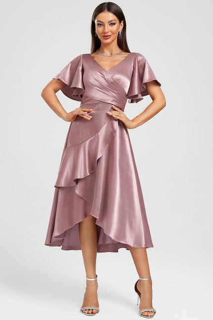 Robe Pastel Rose Satinée À Volants - gallery 4