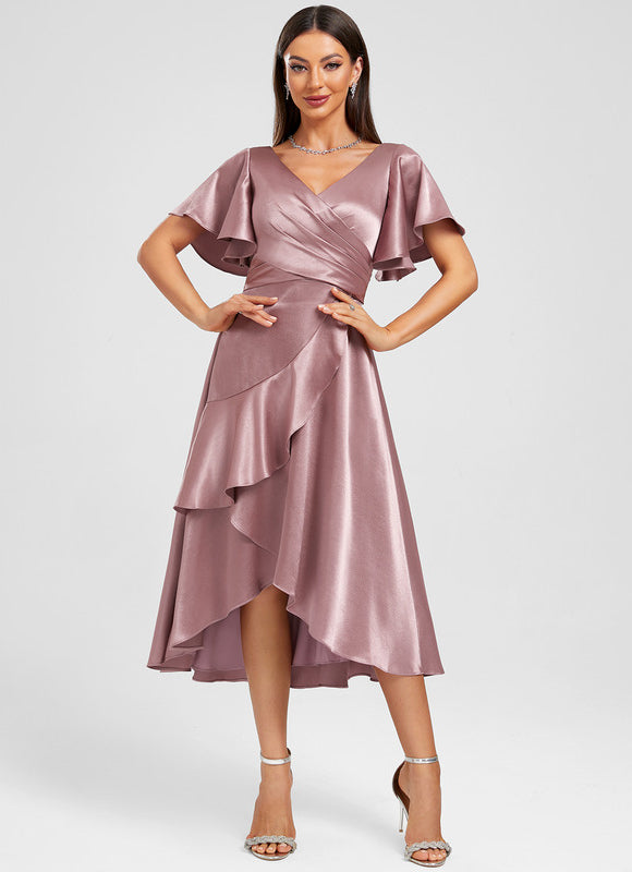 Robe Pastel Rose Satinée À Volants - gallery 4