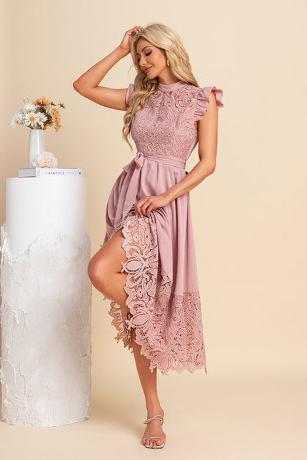 Robe Pastel Rose Dentelle Col Montant - gallery 4