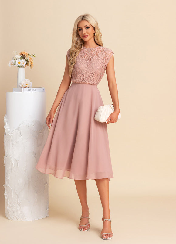 Robe Pastel Blush Dentelle Mousseline Midi