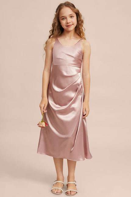 Robe Pastel Rose Satin Longueur Mollet - gallery 2