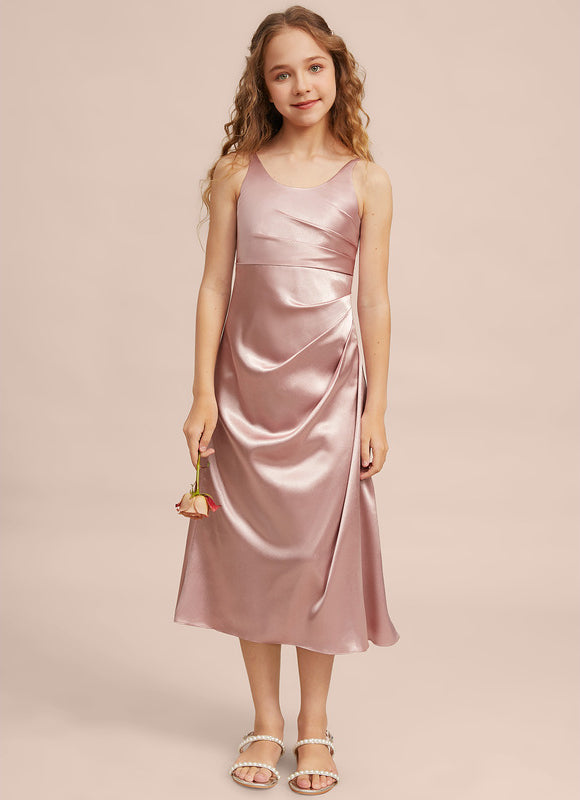 Robe Pastel Rose Satin Longueur Mollet - gallery 2
