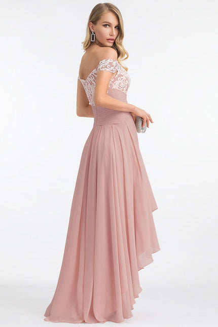 Robe Pastel Rose Asymétrique Dentelle Élégante