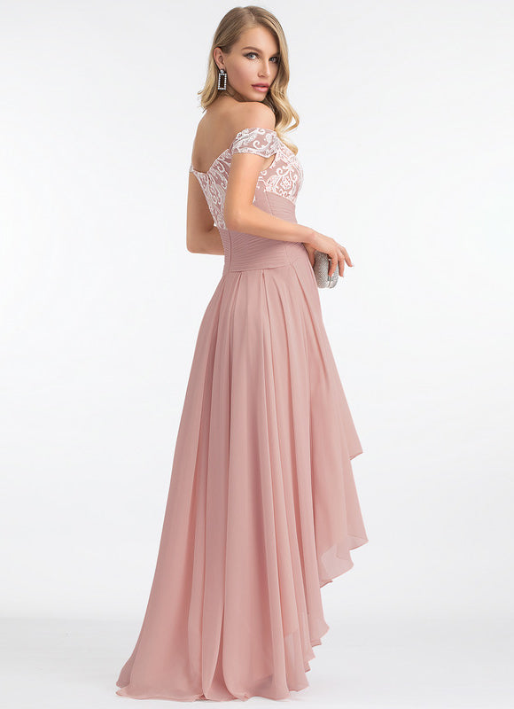 Robe Pastel Rose Asymétrique Dentelle Élégante - gallery 5