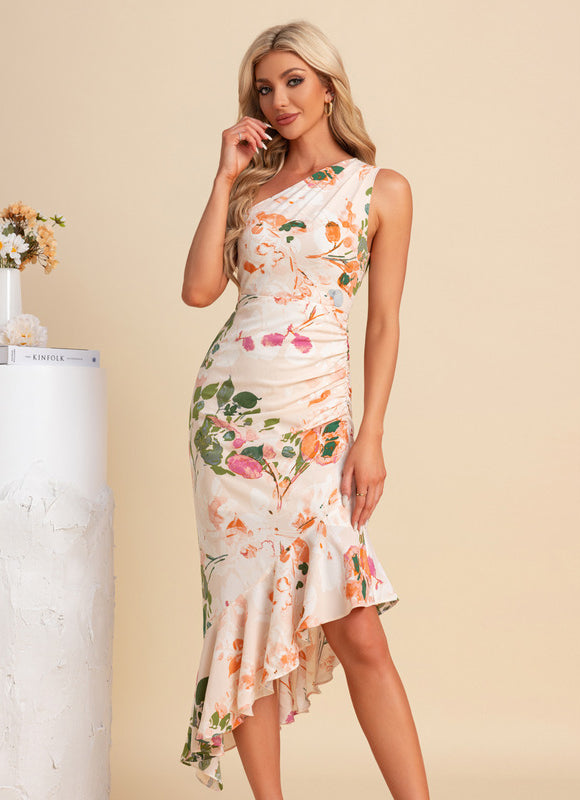 Robe Pastel Fleurie Décolleté Asymétrique Crème - gallery 3